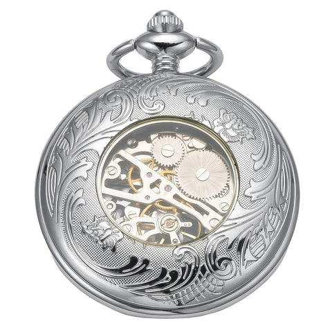 Vintage Skeleton Pocket Watch For Men With Chain Real Deal Mechanical Timepiece With Roman Numerals Silver Blue Case Elegant Engraved Cover Classic Antique Style For Everyday Wear