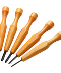 Top Notch 5 Piece Linoleum Carving Tool Set Featuring Knockout Sharp Triangular Linocut Knives With Smooth Beechwood Handles.