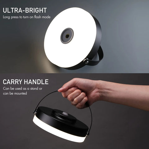 Portable LED Lamp For Outdoor And Indoor Use With Built In Rechargeable Battery IP44 Water Resistant Adjustable Height shown lit and handheld