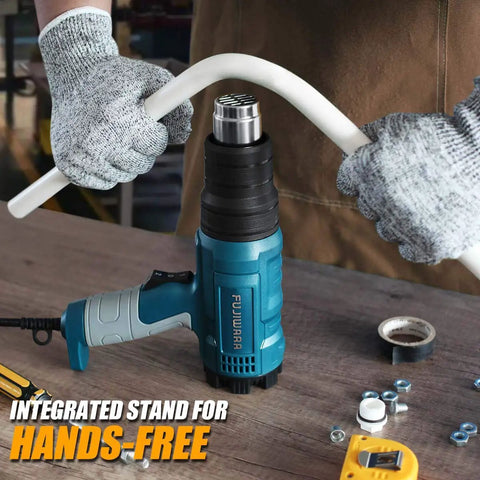 Dope 2000W Heat Gun Kit With Dual Temperature, 5 Nozzles for DIY, shown on table with user bending PVC pipe, gloves on