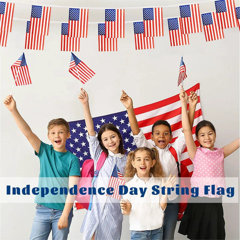 Children celebrating with Patriotic String Flags Banner Set For Memorial Day And Fourth Of July, 65 Feet US Flag Garlands For Indoor Outdoor Use