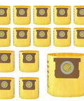 15 Pack Type D Replacement Vacuum Bags For 4 Gallon Shop Vac AllAround Plus E87 FloorMaster Wet Dry Vacs That Fit 91964 9196400 9196433 High Efficiency Dust Collection Bags, displayed in yellow with brown circular attachment.