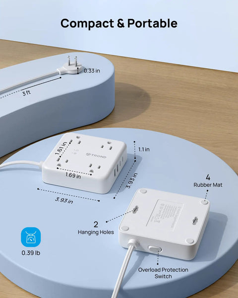 Two Prong Power Strip With Five Foot Cord 1440J Surge Protector Eight In One Charging Station showing dimensions and features.
