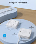 Two Prong Power Strip With 10Ft Cord And 1440J Surge Protector Turns One Old Two Hole Outlet Into Four 3 Prong Outlets And Four USB Ports Wall Mount White shown on display with dimensions and features.