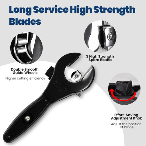 Close Quarters Tubing Cutter For Copper Brass Aluminum And Corrugated Tubing Includes Three Replacement Blades And Deburring Tool Ratcheting Pipe Cutter For One Quarter Inch To One And One Eighth Inch Diameter Not For PVC showing high strength blades and adjustment knob