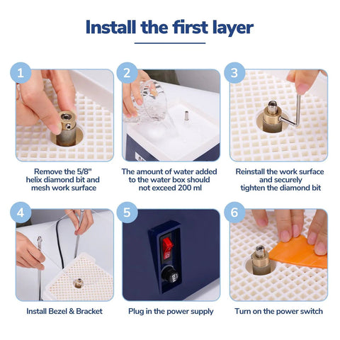 Instructions for using Dual Layer Stained Glass Grinder With Four Size Diamond Bits for setup and operation process.