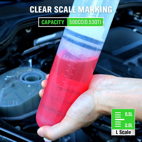 Person holding Heavy Duty 500cc Fluid Extractor and Fill Pump for Cars and Lawn Mowers, marked with scale and red fluid inside