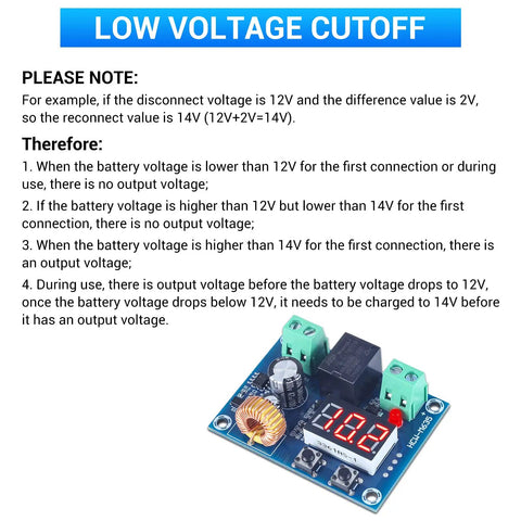 Low Voltage Protector For DC 12-36V, 20A Cutoff Switch With Over Discharge Protection, Battery Controller Module For Lead Acid And Lithium Batteries In Off-Grid Solar Panel Lighting Systems. Displayed relay module with digital voltage readout