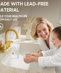 Brushed Gold 4 Inch Centerset Lead Free Bathroom Faucet With Two Handles Dope Swivel Spout Copper Pop Up Drain And Two Water Supply Lines For Easy Install And Clean Look; mother and daughter using faucet in bathroom