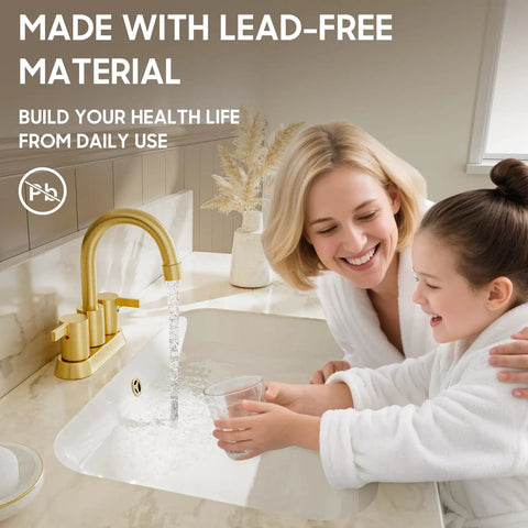 Brushed Gold 4 Inch Centerset Lead Free Bathroom Faucet With Two Handles Dope Swivel Spout Copper Pop Up Drain And Two Water Supply Lines For Easy Install And Clean Look; mother and daughter using faucet in bathroom