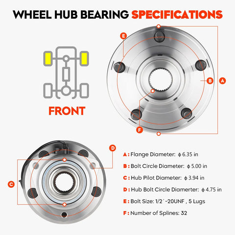 Front Wheel Hub Bearing Assembly specifications chart for Jeep Wrangler JK 2011-2018 4WD With ABS Replacement 513369