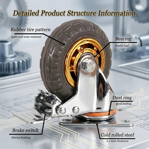 Heavy Duty Rock Solid Rubber Caster Wheels Set Of 4 For Home Furniture And Storage Carts 600 Lbs Max Capacity, showing rubber tire and steel base.
