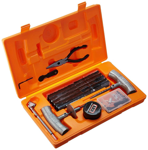 Speedy Seal 2 Universal Heavy Duty Tire Repair Kit with 40 vulcanizing cords, pliers, and tools in orange molded case