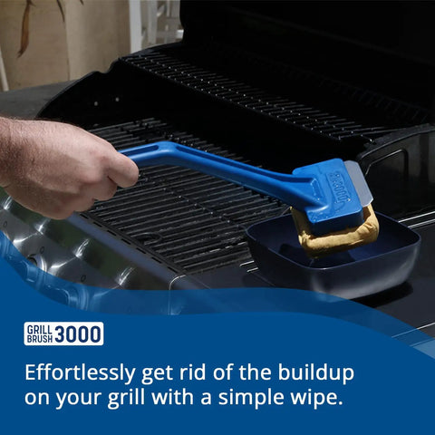 Hand using Bristle Free Grill Scraper Head Replaceable Cleaning Tool For Cast Iron And Stainless Steel Grates Safe Durable BBQ Cleaner 2 In 1 Grate Scraper No Bristles No Worries Easy To Replace