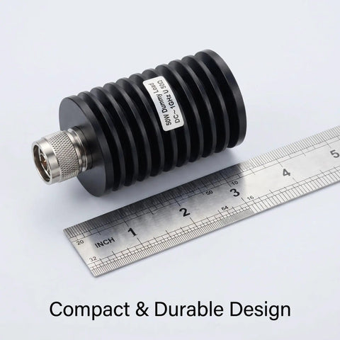 Pro Grade 50 Watt 50 Ohm UHF PL259 Dummy Load For Ham Radio And Antenna Testing beside ruler for size reference