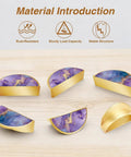 Two Pack Fluid Art Cabinet Pulls in Purple Teal Gold with gold semicircle design and marble agate inspired patterns, set of six pieces.
