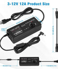 Adjustable DC Power Supply 3V To 12V 12A 144W With 14 Tips And Polarity Converter, dimensions and cable length shown.