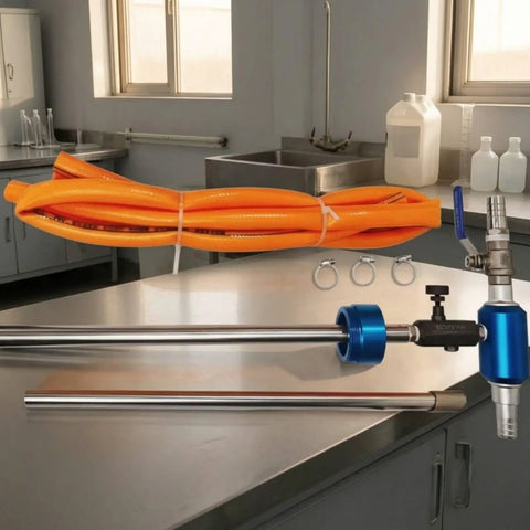 Adjustable Coolant Mixer For Cutting Fluid Dispensing with metal control assembly, orange hose kit on workbench.