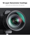 Camera with 49mm Black Diffusion Mist Filters Kit highlighting 18-layer coatings for a filmic cinematic look and film vibe.