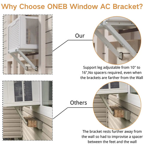 Comparison of No Drill Window AC Bracket Easy Install Heavy Duty Steel Construction with unbranded alternative, showing stability