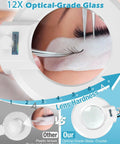 Close-up using Lit LED Magnifying Lamp With Stand And Rolling Base, 4.9 Inch Lens, for lash application, white optical-grade glass
