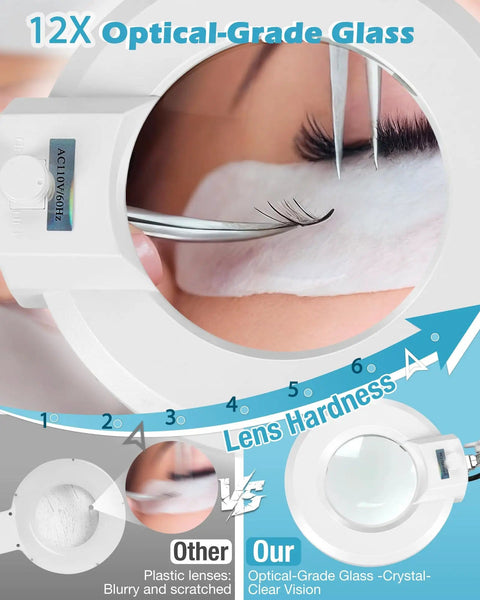 Close-up using Lit LED Magnifying Lamp With Stand And Rolling Base, 4.9 Inch Lens, for lash application, white optical-grade glass