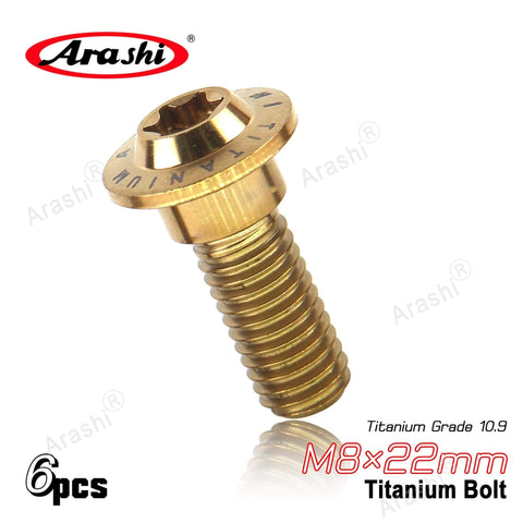 Gold Titanium Tapered Torx Bolt M8x22 for Suzuki Hayabusa GSX1300R and B King GSX1300, rear brake disc rotor mounting bolt, set of 6.