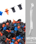 120Pcs Fender Flare Clip Kit Nylon Retainer Fasteners For Bumper And Fender Liner Replacement, colored clips and tool shown