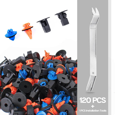 120Pcs Fender Flare Clip Kit Nylon Retainer Fasteners For Bumper And Fender Liner Replacement, colored clips and tool shown