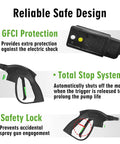 Diagram of Electric Pressure Washer featuring GFCI protection, total stop system, and safety lock for enhanced user safety.