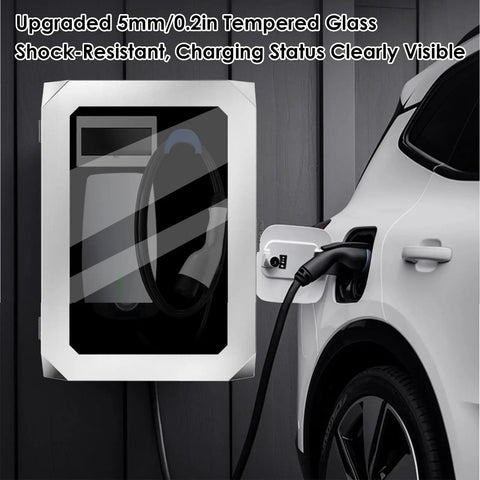 Rock Solid Outdoor EV Charger Lock Box Featuring Hella Reliable Tempered Glass Viewport mounted beside electric car with charging cable.
