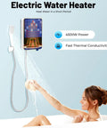 Top Shelf Electric Tankless Water Heater 110V 4500W installed above bathtub with woman enjoying warm water flow.