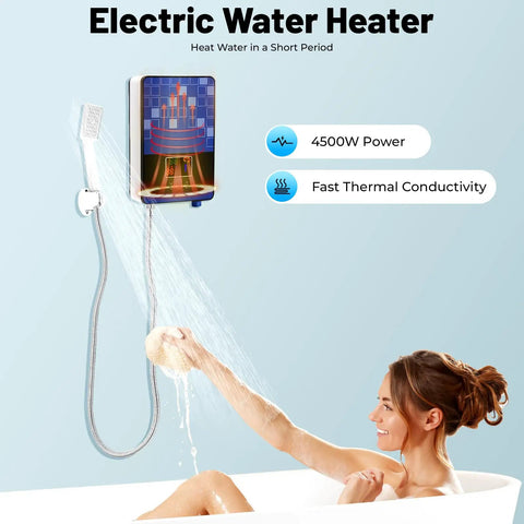 Top Shelf Electric Tankless Water Heater 110V 4500W installed above bathtub with woman enjoying warm water flow.