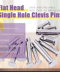 304 Stainless Steel Clevis Pin Set Kit, 64 Pieces, M3 M4 M5, 12 Pin Types Including Flat Head With Hole, T Shape And Round Pins, Durable Hardware Assortment In Clear Plastic Box For Tools And Projects, shown flat head single hole clevis pins.