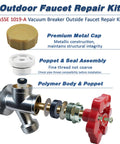 Outdoor faucet repair kit components, including metal cap, poppet seal assembly, and polymer body for All In One Universal Outdoor Faucet Repair Kit With Teflon Tape Vacuum Breaker Replacement Anti Siphon Frost Free Hose Bib Sillcock Valve One Pack DIY Friendly Easy Install For Leaks And Low Water Flow.