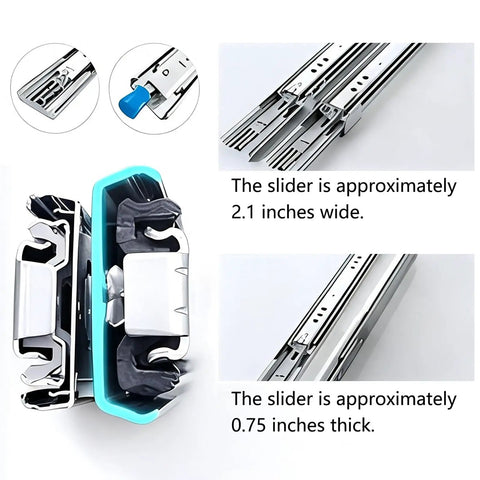 Locking Heavy Duty Drawer Slides 1 Pair Side Mount Ball Bearing Full Extension Cold-Rolled Steel Rails Tough Toolbox Hardware Badass Tool Cabinet 60 Inch Regular Model Solid Build Smooth Glide showing 2.1 inches wide and 0.75 inches thick dimensions.