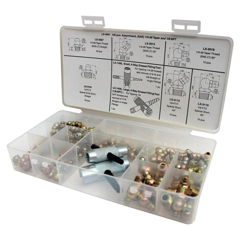 100 Piece Grease Fitting Assortment Set SAE One Quarter Inch Twenty Eight Taper And One Eighth Inch PTF Heavy Wall Zinc Plated case