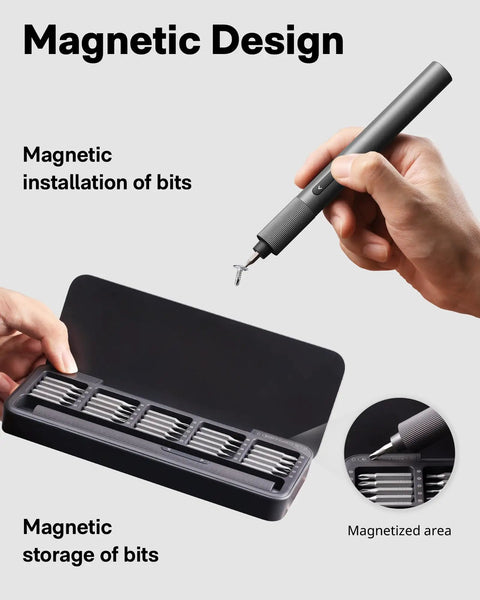 Dope 25 In 1 Mini Electric Screwdriver Set With USB C Rechargeable Power showing magnetic design for precision tool storage.