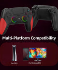 Front and back view of Dope Wireless PS5 Controller For PC with red grips, shown compatible with PS5 and Windows PC.