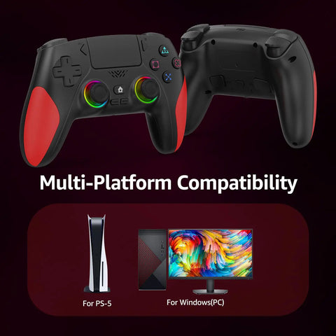 Front and back view of Dope Wireless PS5 Controller For PC with red grips, shown compatible with PS5 and Windows PC.