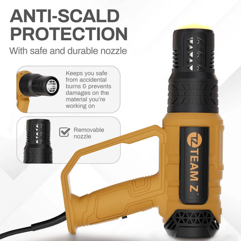 Pro Grade Heavy Duty Heat Gun Kit With Case Upgrade LCD Display And Overload Protection 10 Second Delayed Turn Off High Temp Range 140 To 1202 Degrees Fahrenheit, featuring anti-scald protection and removable nozzle.
