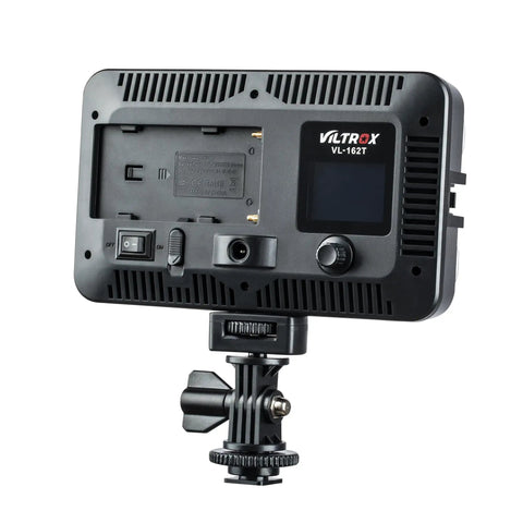 Rear view of Bi-Color LED Video Light 3300K-5600K With Dimmable Brightness For DSLR And Camcorder, Portable Panel, CRI95+, Battery And Charger Included, Magnet Filters, White Balance LCD Display.