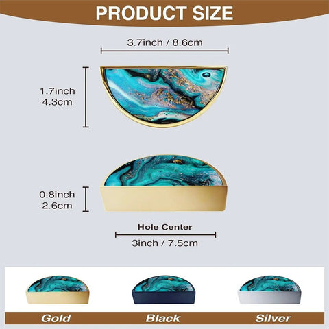2 Pack Teal Fluid Art Cabinet Pulls With Gold Dust, 3 Inch Hole Center Gold Semicircle Drawer Handles, size dimensions shown