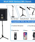 Portable Vocal Booth Foldable Microphone Isolation Shield with mic stand compatibility and device support illustration.