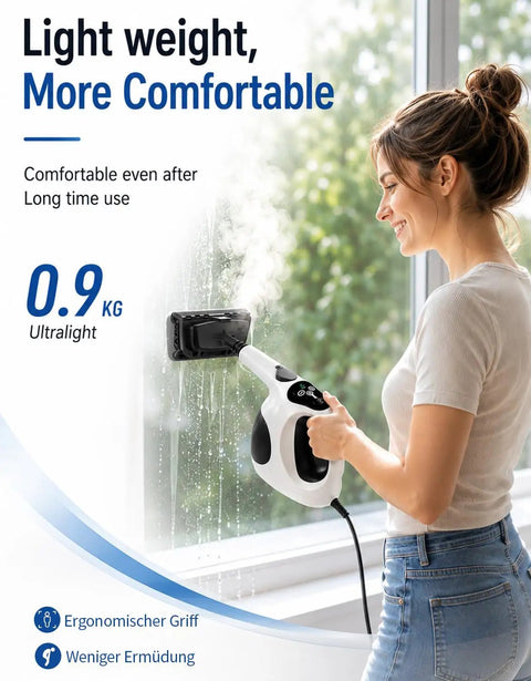 Lightweight Handheld Steam Cleaner With 400Ml Tank And Safety Lock used on a window, illustrating compact design and easy handling.