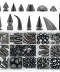 Badass Punk Spikes And Studs Kit 150 Piece Mixed Shape Gun Black Leather Rivets with installation tools in a storage box.