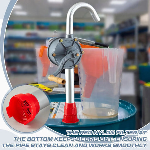 Heavy Duty Two Pack Manual Drum Pump For 55 Gallon Barrels And 15 To 55 Gallon Tanks, featuring nylon filter and crank handle.