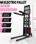 Semi Electric Pallet Stacker With 3300 Lbs Motor Power For Heavy Duty Warehouse Jobs showcasing its 3300 lbs load capacity and iron material.