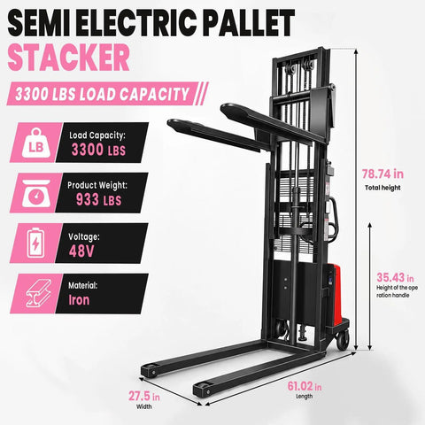 Heavy Duty Warehouse Pallet Lift Stacker With Robust Steel Frame And 1.6KW Motor For Moving Heavy Cargo Efficiently In Any Industrial Space, showing dimensions and specifications.