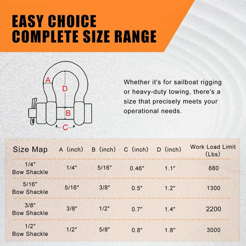 Size chart for Badass 5/16 Inch Black Bow Shackles Featuring A Rock Solid 3/8 Pin And Wide 1/2 Jaw Heavy Duty Marine Grade 316 Stainless Steel.